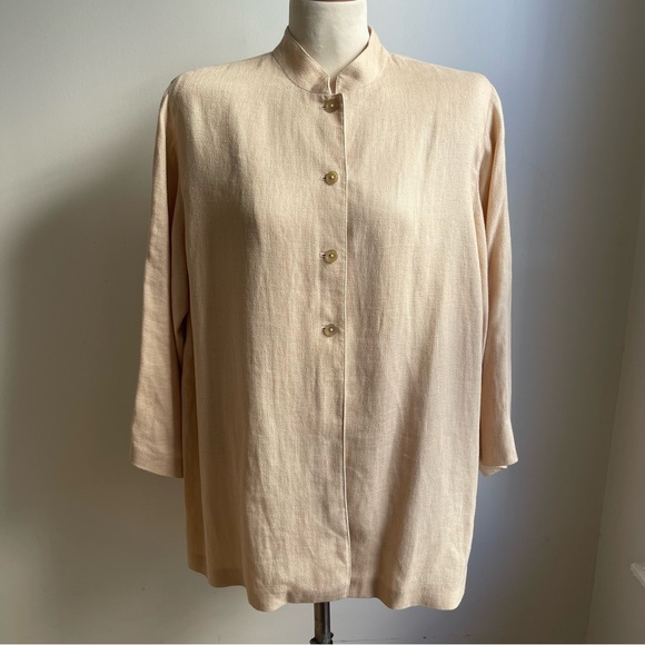 Linda Allard Ellen Tracy Tops - Vintage Linda Allard Ellen Tracy Linen Jacket Tunic Cream Button Collar 14 Large